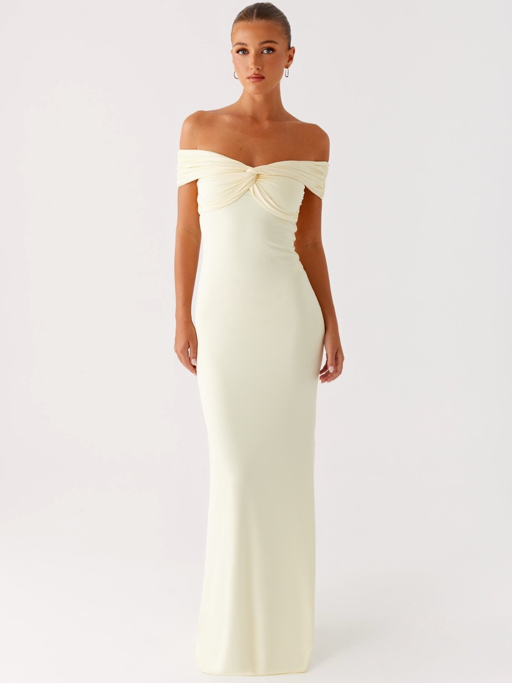 Off-Shoulder Twist Front Butter Yellow Evening Gown